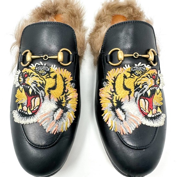 Gucci Princetown Tiger Fur Lined Round Toe Horsebit Canvas Flat Loafer Mules - Picture 5 of 13